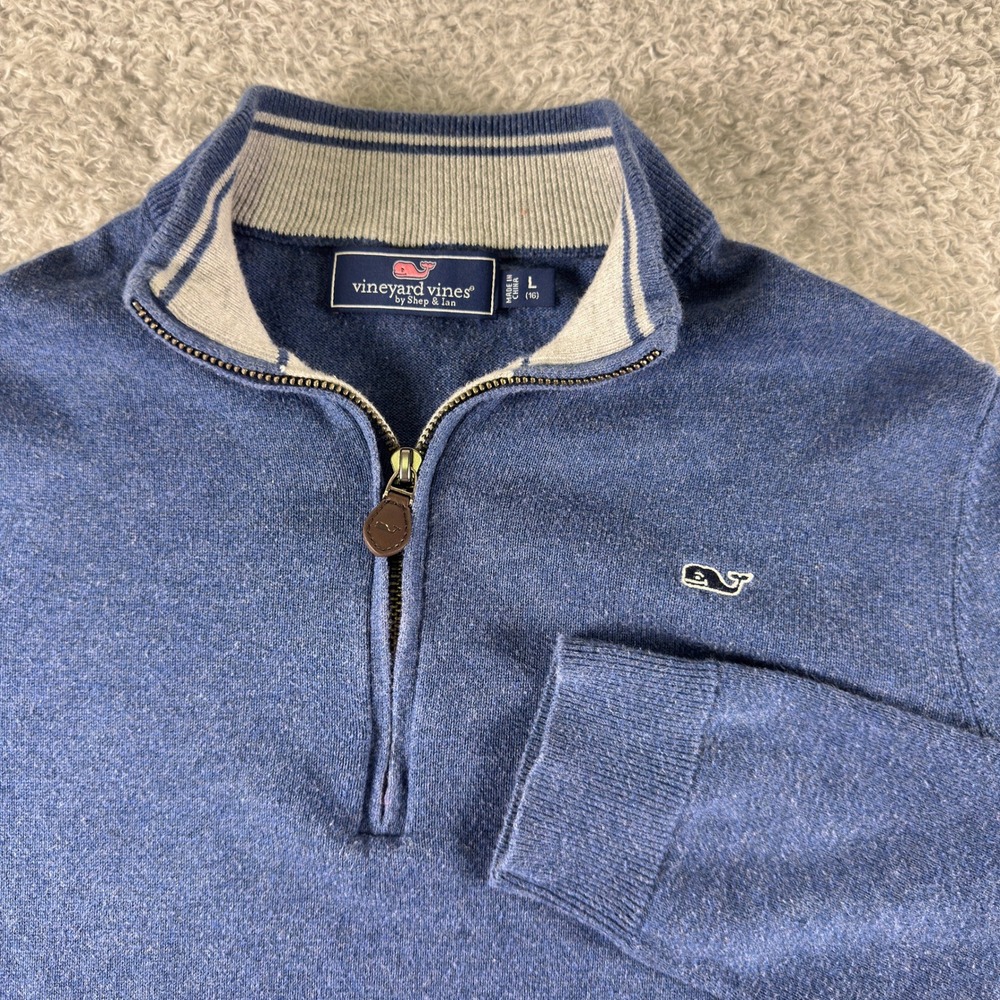 Vineyard Vines Boys Blue 100% Cotton Quarter Zip Sweater Whale Logo Size L 16